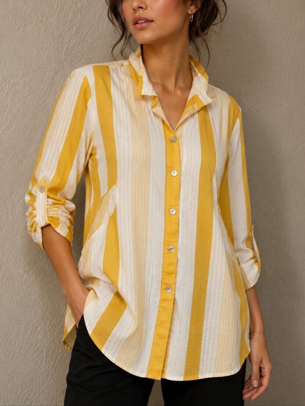JOHN MARK Yellow and White Striped Button Down Tunic